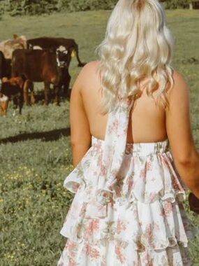 Floral Tiered Backless Halter Dress - Soft Pink & Cream